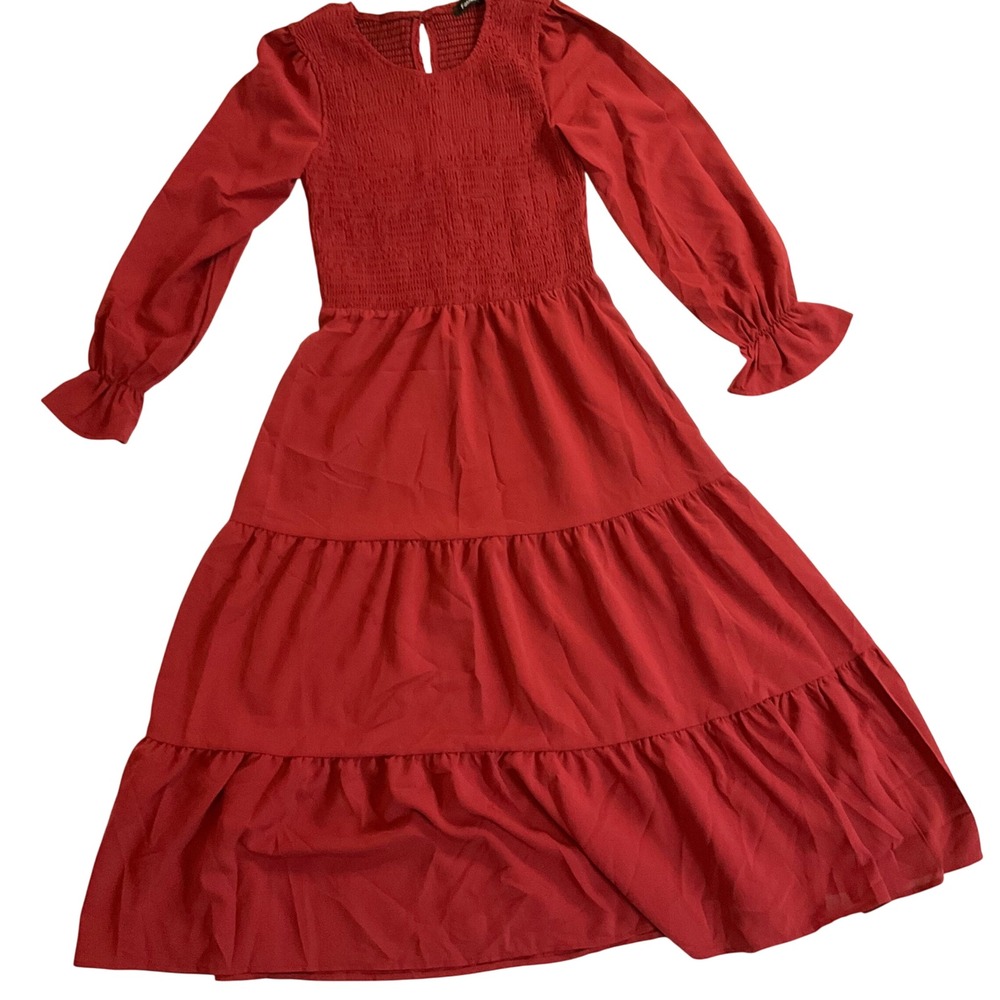 Tiered Midi‎ Dress Ruffle Long Sleeve Smocked Casual Party Red Womens